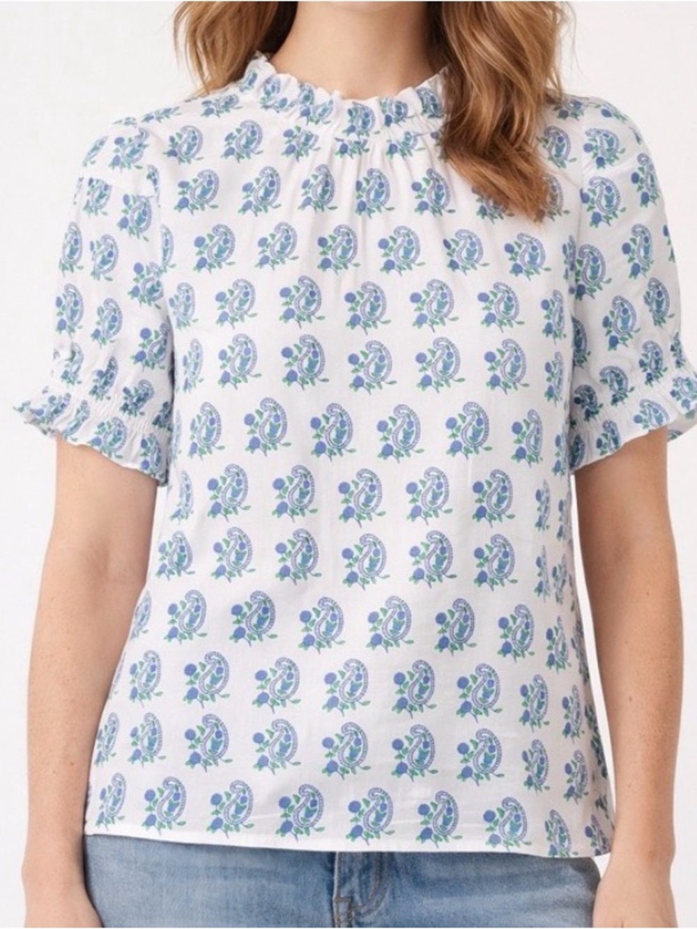 SZ Blockprints™ X J.Crew Smocked Puff Sleeve Top in Blue Paisley Size XXS